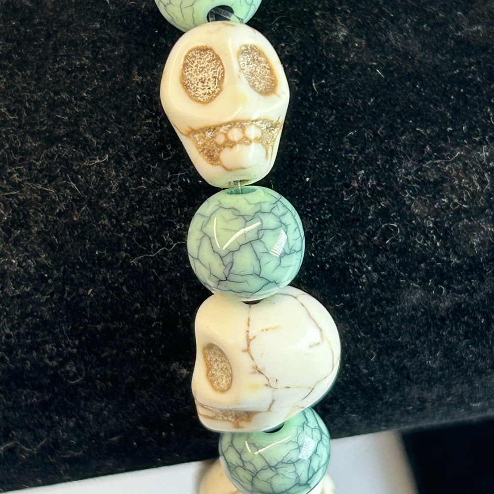 Handmade Acrylic Beaded Stretch Skulls and Turquoise Bracelet